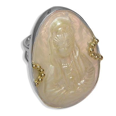 Sterling White Mabe Kwan-Yin Cameo Ring with Vermeil