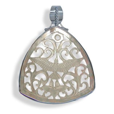 Carved Mother of Pearl Hummingbird Faces Up Silver Pendant 