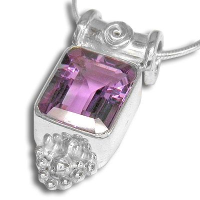 Emerald Cut Amethyst Silver Pendant and Necklace
