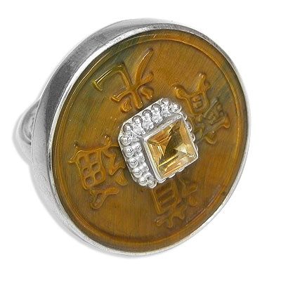 Sterling Tiger Eye Chinese Coin Ring