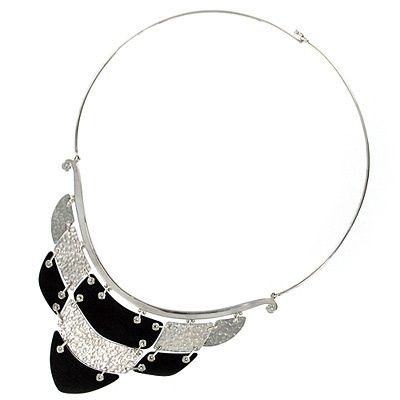 Sterling Silver and Wood Linked Plate Collar Necklace