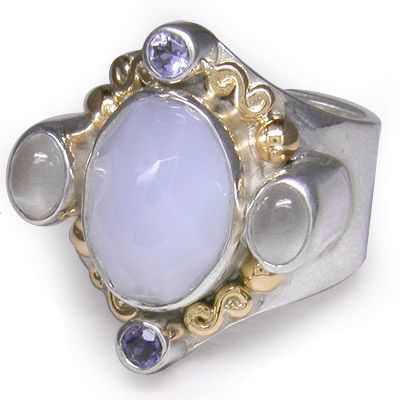 Blue Chalcedony Ring with Gold Accents