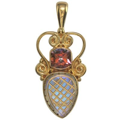 22K Vermeil Pendant with Gold Etched Crystal and Topaz