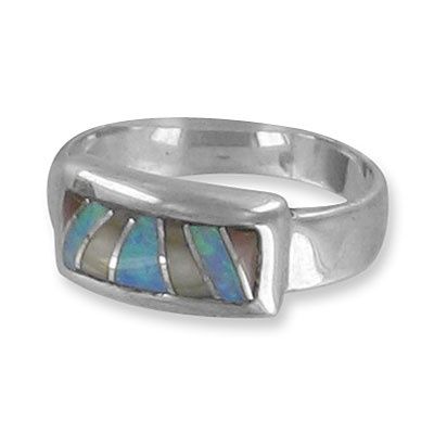 Sterling Silver Ring with Opal Mosaic Inlay 