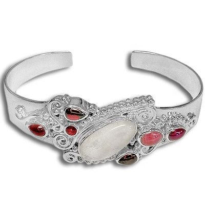 Rainbow Moonstone Garnet Silver Cuff Bracelet