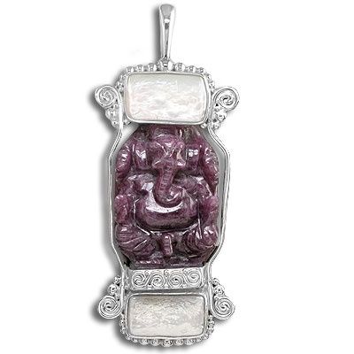 Sterling Ruby Ganesh and White Pearl Pendant