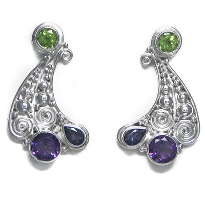 Peridot Post Earrings with Iolite and Amethyst