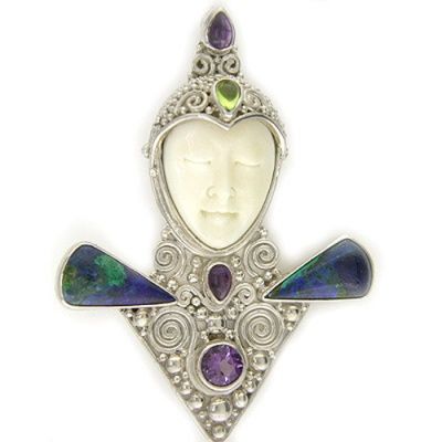 Goddess Pin-Pendant with Azurite, Amethyst, and Peridot