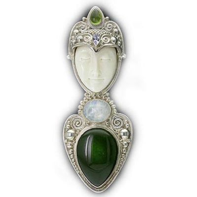 Goddess Pin-Pendant with Jade, Rainbow Moonstone, Peridot, and Iolite
