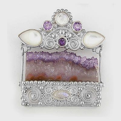 Amethyst Crystal Pin-Pendant with Mother of Pearl, Moonstone, and Amethyst 