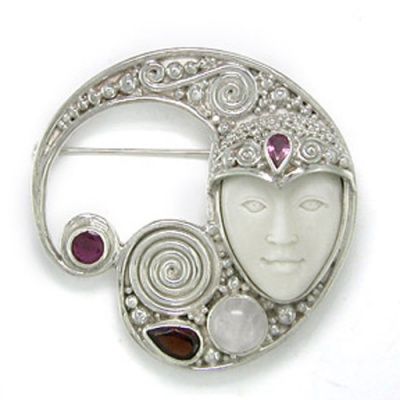 Goddess Pin-Pendant with Rose Quartz, Garnet, Pink Tourmaline and Ruby
