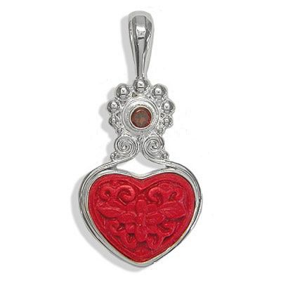 Handcrafted Sterling Silver Cinnabar Heart Pendant with Garnet