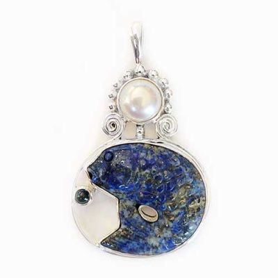 Sterling Silver Lapis Fish Pendant with Pearl and 