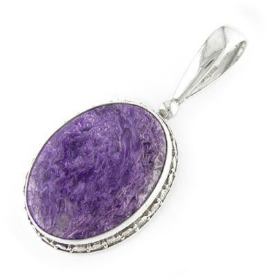 Sterling Silver Charoite Oval Pendant with Decorative Bezel