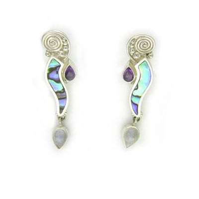 Sterling Silver Paua Shell Clip Earrings with Amethyst and Rainbow Moonstone