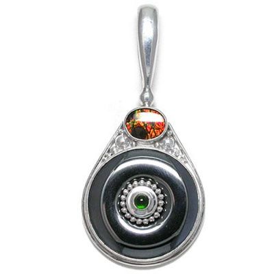 Hematite Disk Pendant with Chrome Diopside and Ammolite