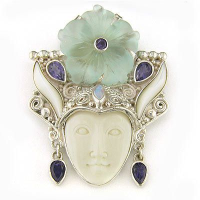 Goddess Pin-Pendant with Blue Crystal Flower, Iolite, Mother of Pearl & Opal