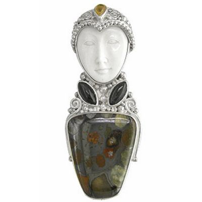 Goddess Pin-Pendant with Ammonite, Black Star Diopside, and Citrine