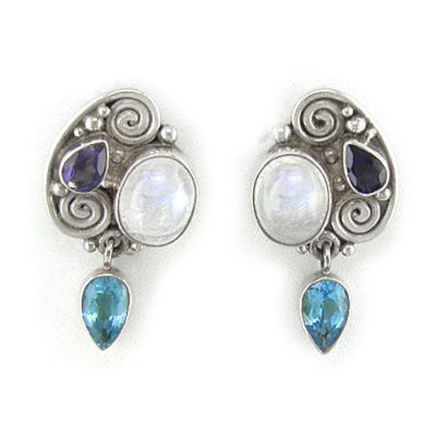 Blue Topaz, Iolite & Rainbow Moonstone Post Earrings