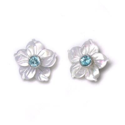 Mother of Pearl Flower Post Earrings with Apatite
