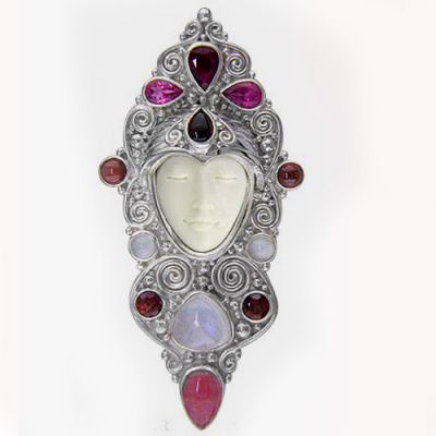 Goddess Pin-Pendant with Rhodocrosite, Pink Tourmaline, Garnet, and Rainbow Moonstone