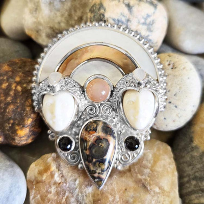 Double Goddess Pin Pendant with Leoparskin Jasper, Golden Rainbow Shell, Mother of Pearl, Peach Moonstone, Black Star Diopside and Moonstone