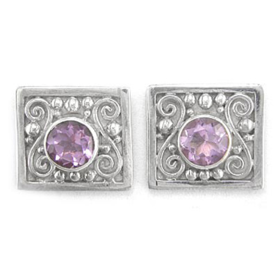Ornate 925 Sterling Silver Hand Crafted Amethyst Post Earrings
