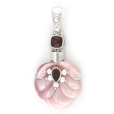 Pink Mother of Pearl Flower Pendant with Pearls and Garnet