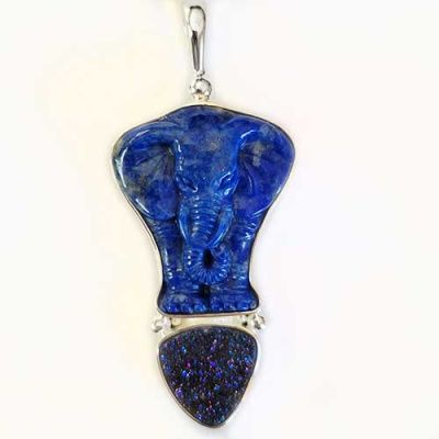 Sterling Silver Lapis Elephant Pendant with Caribbean Druzy