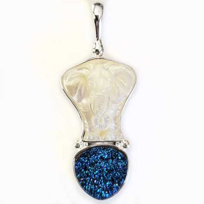 Sterling Silver Mother of Pearl Elephant Pendant wih Caribbean Druzy