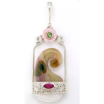 Ocean Jasper Wave Pendant with Pink Mother of Pearl Flower, Peridot and Pink Topaz