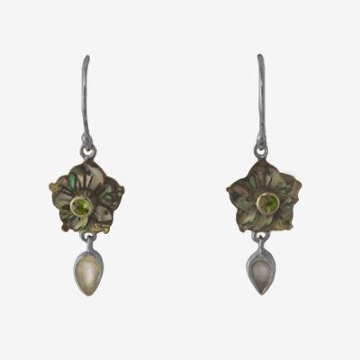 Paua Shell Flower Earrings with Rainbow Moonstone & Peridot