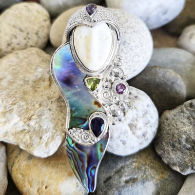 Goddess Pin Pendant with Paua Shell, Iolite, Peridot, and Amethyst