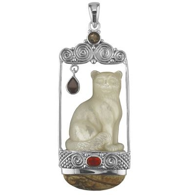 Framed Mother of Pearl Cat Pendant with Picture Jasper, Mexican Fire Opal, Garnet & Smoky Quartz