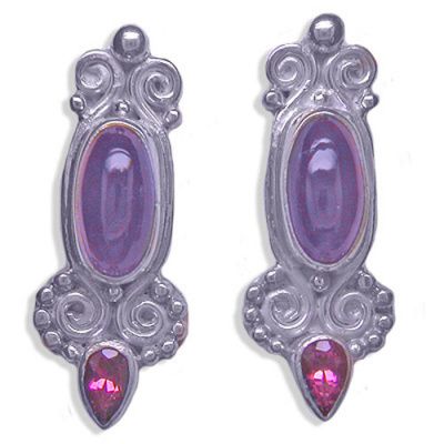 Amethyst Oval and Pink Tourmaline Pear Post Earrings
