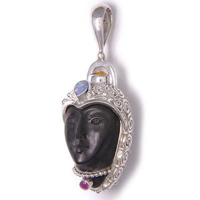 Black Wood Goddess with Opal, Ruby and Citrine