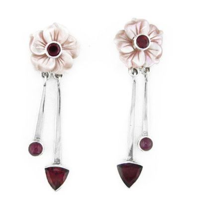 Pink Flower, Garnet & Ruby Dangle Post Earrings