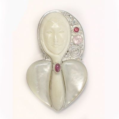 Goddess Pin-Pendant with Mother of Pearl, Rose Quartz, Ruby and Pink Tourmaline