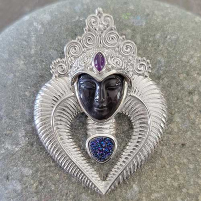 One of a Kind Rainbow Obsidian Goddess Pin-Pendant with Caribbean Druzy and Amethyst