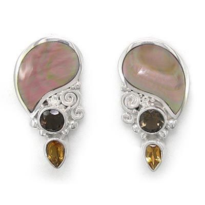 Rainbow Brown Shell Post Earrings with Smoky Quartz and Citrine