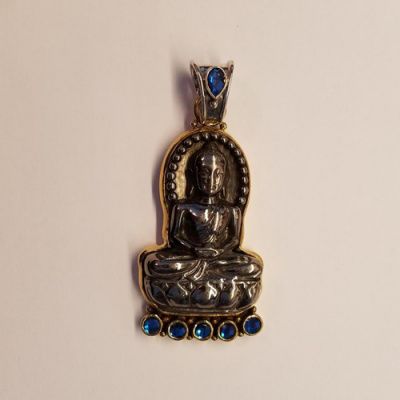 Coated Bronze Buddha Pendant witih Rainbow Blue Quartz