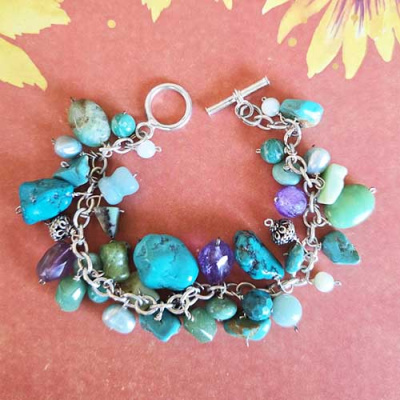 Turquoise, Amethyst, Blue Pearl, Charm Bracelet 7.5"