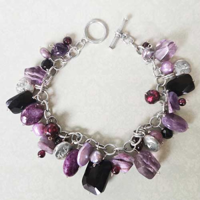 Amethyst, Onyx, Garnet and Pearl Charm Bracelet with Sterling Silver Goddess Charms