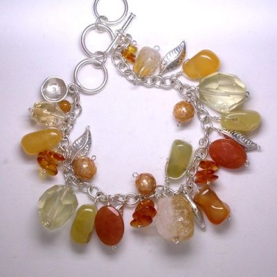 Silver Leaf and Silver Goddess Charm Bracelet with Citrine, Amber, Pearl, Honey Opal, Carnelian, Lemon Quartz and Yellow Aventurine