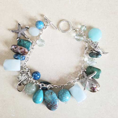 Oceanic Charm Bracelt with Amazonite, Turquoise, Abalone Shell and Lapis