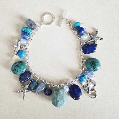 Oceanic Charm Bracelt with Lapis, Turquoise, and Blue Pearl