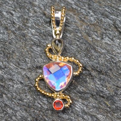 Rainbow Champagne Quartz Pendant with Mexican Fire Opal, Citrine and Vermeil Beadwork