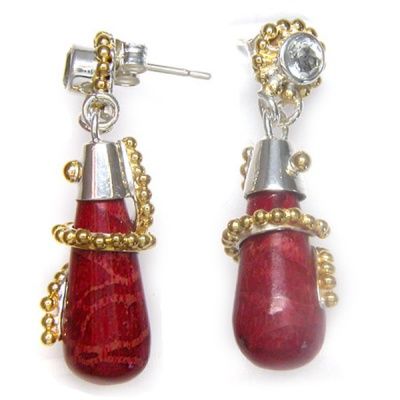 Sterling Red Coral & Aquamarine Earrings with Vermeil Beadwork