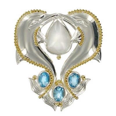 Double Dolphin, Blue Topaz, Rainbow Moonstone Pin/Pendant with Vermeil Beads