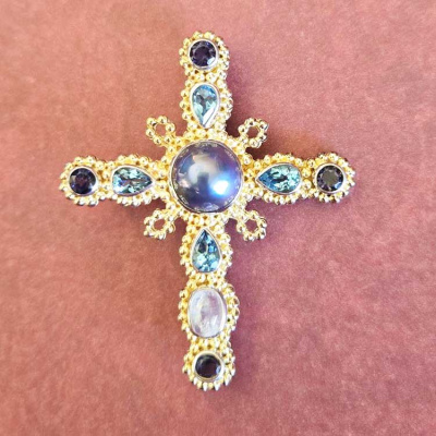 Vermeil Cross Pin Pendant with Blue Mabe Pearl 